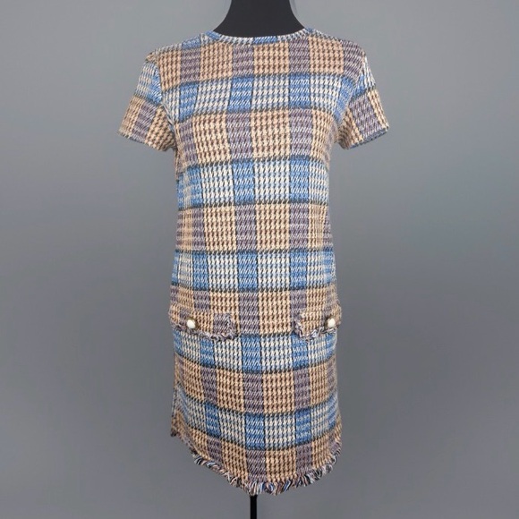 Zara Dresses & Skirts - ZARA Tweed Plaid Fringe-Trim Shift Dress – Size Small